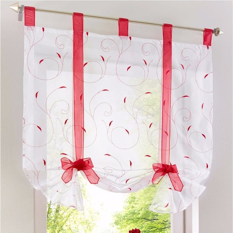 Floral Embroidered White European Sheer Window Grey Roman Curtain For Kitchen Balloon Curtain Voile Drape Bowknot Drapery 0023 ► Photo 1/6