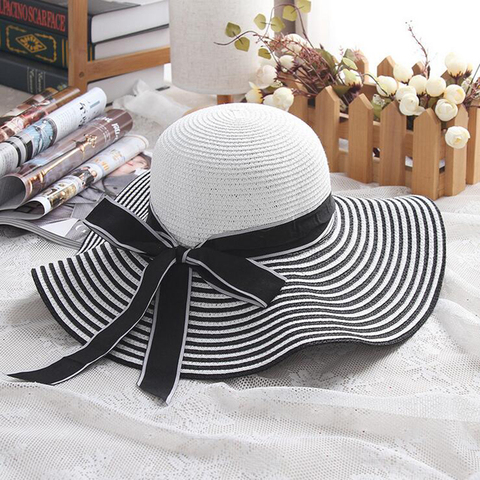 Hot Sale Fashion Hepburn Wind Black White Striped Bowknot Summer Sun Hat Beautiful Women Straw Beach Hat Large Brimmed Hat ► Photo 1/6