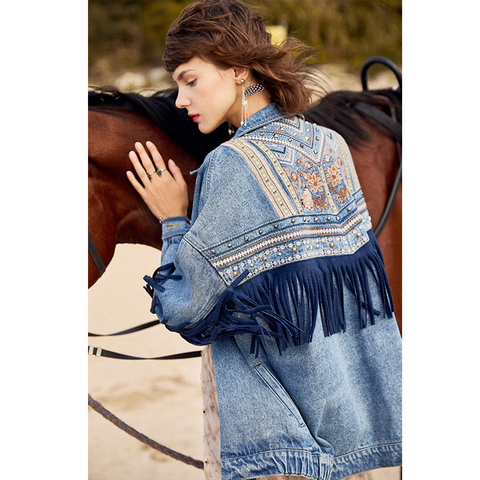 TEELYNN Denim women jacket Autumn vintage floral Embroidery Suede fringe loose coat long sleeve Outerwear female boho jacket ► Photo 1/1