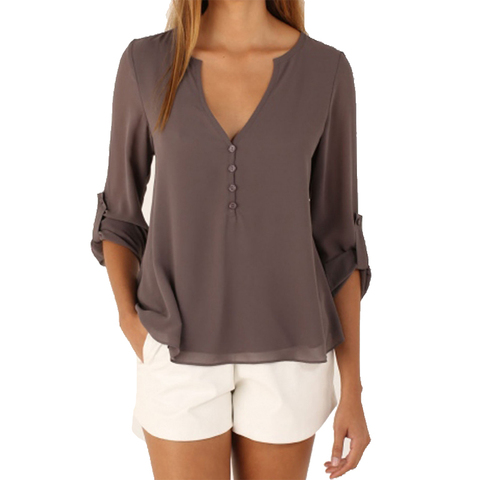3/4 Sleeve Deep V Neck Chiffon Blouse Summer Autumn Women Casual Button Tops Solid Shirt Blusas Plus Size ► Photo 1/6