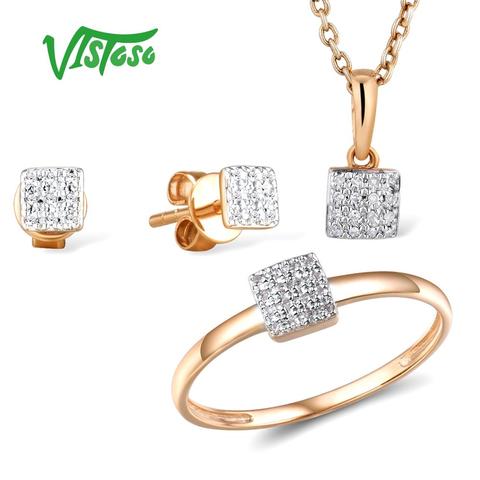 VISTOSO Jewelry Set For Woman Pure 14K 585 Rose Gold Sparkling Diamond Square Earrings Ring Pendant Set Fashion Fine Jewelry ► Photo 1/6