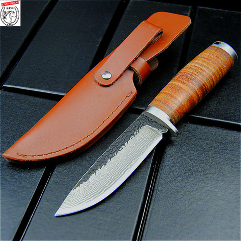 EVERRICH shadow wood handle Damascus pattern straight dao German 440 forging steel outdoor sharp hunting knife tactical knife ► Photo 1/6
