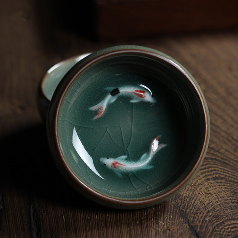 Chinese Longquan Celadon Porcelain China Teacup And Saucer Tea Bowl With Golden Fish 60ml Celadon Crackle Teacup ► Photo 1/6