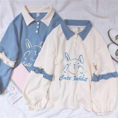 Soft Girls Cute Rabbit Female Hoodies Japanese Kawaii Bunny Graphic Vintage Women Sweatshirt Kpop Long Sleeve Ruffle Clothes ► Photo 1/5