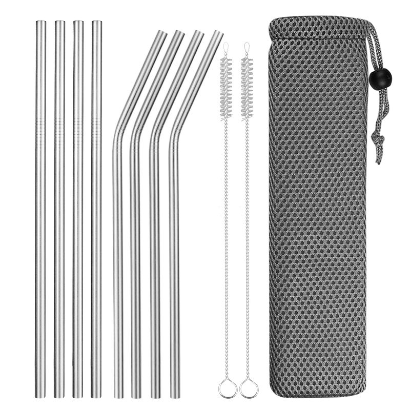 8pcs Reusable Straw Stainless Steel Metal Straws Colorful Drinking Curved Straw 