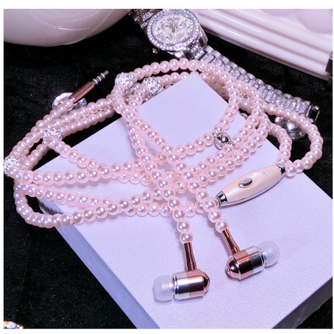 Pearl Necklace Earphone In-Ear Pink Rhinestone Necklace Jewelry Beads Earphones With Mic For Samsung Xiaomi Brithday Girls Gifts ► Photo 1/6