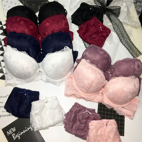 New fashion sexy push up bra set deep v bra thick lingerie set lace women underwear set cotton comfortable A B cup ► Photo 1/5