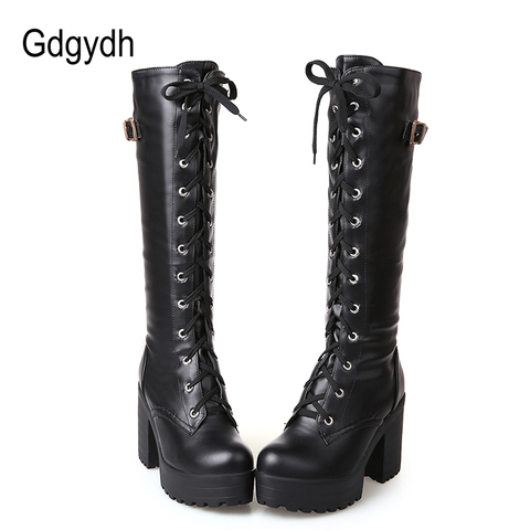 Gdgydh Hot Sale Spring Autumn Lacing Knee High Boots Women Fashion White Square Heel Woman Leather Shoes Winter PU Large Size 43 ► Photo 1/6