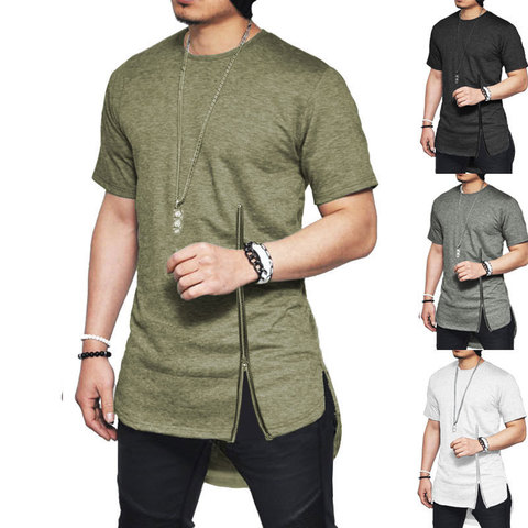 Streetwear Fashion Slim Summer Asymmetrical Men Short Sleeve zipper tshirt Fashion Hip-Hop Curved hem Cotton Men's T-shirts ► Photo 1/6