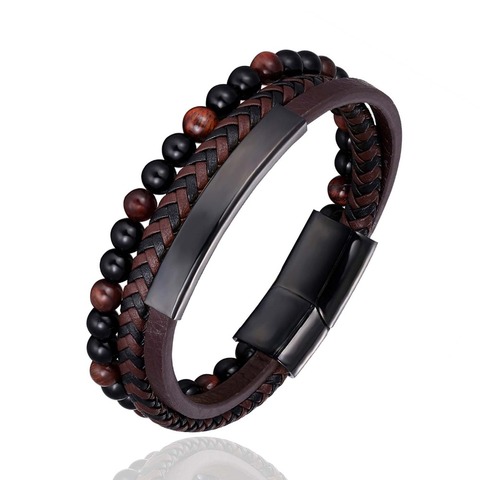 Fashion Male Jewelry Braided Leather Bracelet Tiger ee Beads Bracelet Black Stainless Steel Magnetic Clasps Men Wrist Gifts ► Photo 1/6