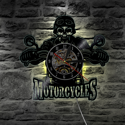 1Piece Motorcycles Skull Vinyl Record Wall Clock With LED illumination Motorbike Biker Skull Wall Hanging Decorative Lighting ► Photo 1/6