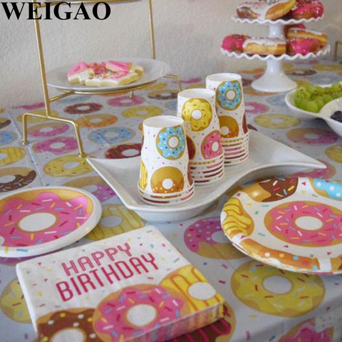 WEIGAO Donut Party Plate Cup Napkins Tablecloth Banner Birthday Party Disposable Tableware Set 1st Birthday Decor Party Supplies ► Photo 1/6