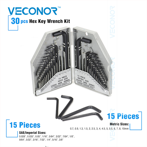 Veconor Hex Key Wrench Set 30 Pcs  Allen Key Wrench Screwdriver 15 SAE Imperial Inch Size 15 Metric Size CRV Steel Hand Tool ► Photo 1/5