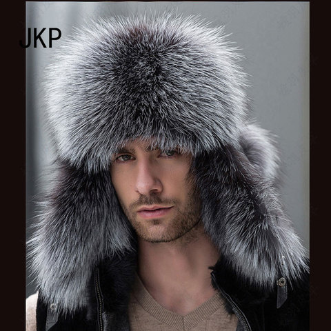 Star Fur 2022 Genuine Silver Fox Fur Hats Men Real Raccoon Fur Lei Feng Cap for Russian Men Bomber Hats with Leather Tops 1002 ► Photo 1/5