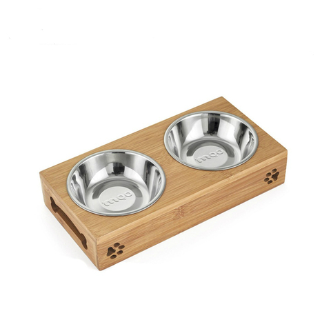 TECHOME New Popular Home Pet Stainless Steel/Ceramic Feeding and Drinking Bowls Combination with Bamboo Frame for Dog Cat Puppy ► Photo 1/6