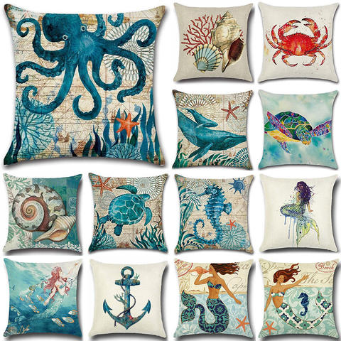 Sea Turtle Nautical Mermaid Pattern Cotton Linen Throw Pillow Cushion Cover Car Home Decoration Sofa Decorative Pillowcase 40018 ► Photo 1/6