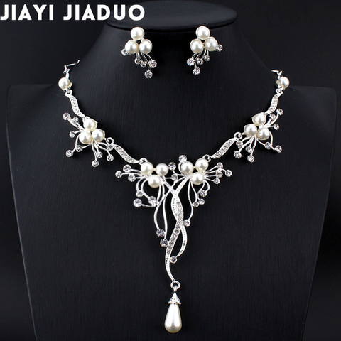 Jiayijiaduo Imitation Pearls Bridal Jewelry Sets for Women Silver Color Rhinestone Necklace Earring  Wedding ► Photo 1/6