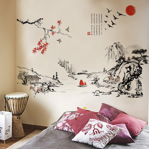 Chinese style Ink painting landscape art Wall Stickers Living room Bedroom background for home decoration Mural Decals wallpaper ► Photo 1/6