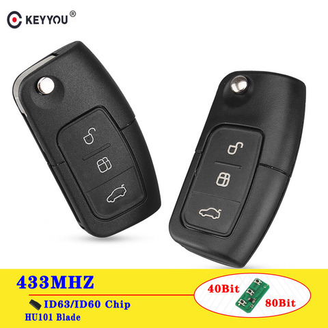 KEYYOU 433MHz 4D63/4D60 Chip Flip Remote Control Car Key For Ford Focus 3 2 Mondeo Fiesta Key Fob Case 3 Button 80/40 Bit ► Photo 1/6