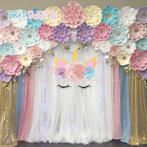 Unicorn Party Backdrop Horn Eyelashes Paper Flowers Wall Decor Unicorn Birthday Party Decorations Kids DIY Photo Background ► Photo 1/6