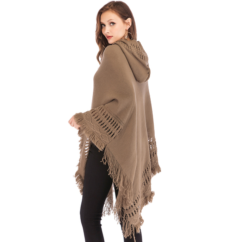 FLORATA Casual Women Sweater Hooded Poncho And Cape Knitted Sweaters Tassel Pullover Solid Sweater Female Poncho And Capes Coat ► Photo 1/6