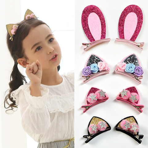 2pcs/Set Cute Hair Clips For Girls Glitter Rainbow Felt Fabric Flowers Hairpins Cat Ears Bunny Barrettes Kids Hair Accessories ► Photo 1/6