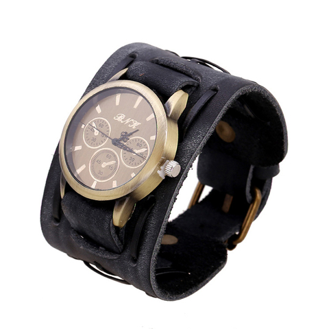 Men Antique Charms Watches Bracelets Genuine Leather Wide Wristwatch Biker Bangle Vintage Belt Buckle Dress Watches ► Photo 1/6