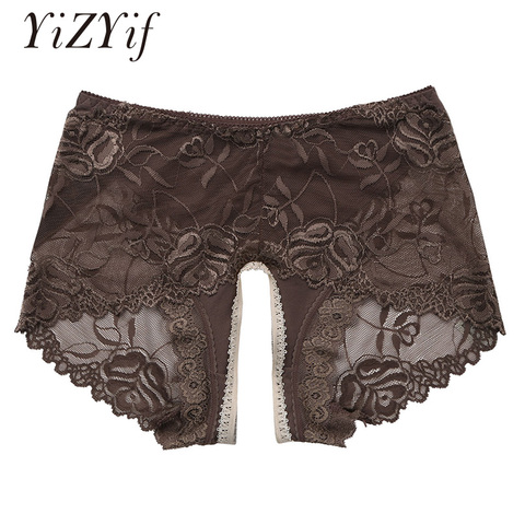 YiZYiF Boxer Men Open Crotch Underwear Boxershorts Gay Sissy Crotchless See Though Sheer Ruffle Lace Stretch Triangle Boxers ► Photo 1/6