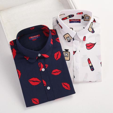 Dioufond White Navy Lips Print Women Blouses Long Sleeve Ladies Office Blouse Shirt  Casual Button Down Blusa 2017 Spring ► Photo 1/6