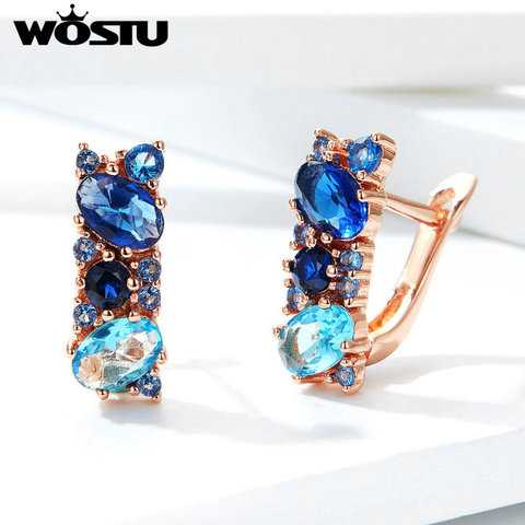 WOSTU European Style Blue Crystal Clip Earrings Copper Clear CZ Rose Gold Earrings For Women Wedding Engagement Jewelry FFE175 ► Photo 1/6