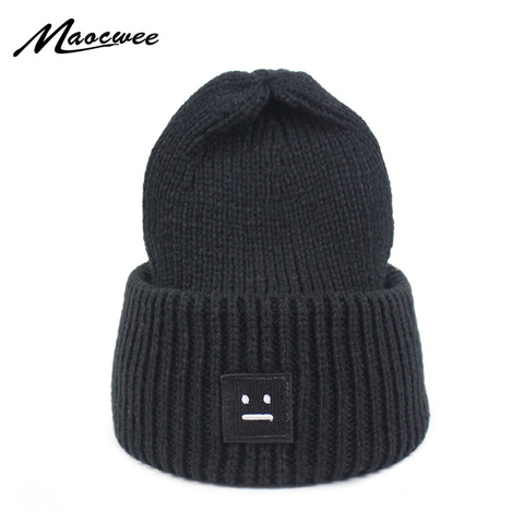 2022 Winter Women Knitting Hat Beanie Casual Thick Solid color Warm Cap Smiling Face Pattern Knitted Hip hop Hat Male Female ► Photo 1/6