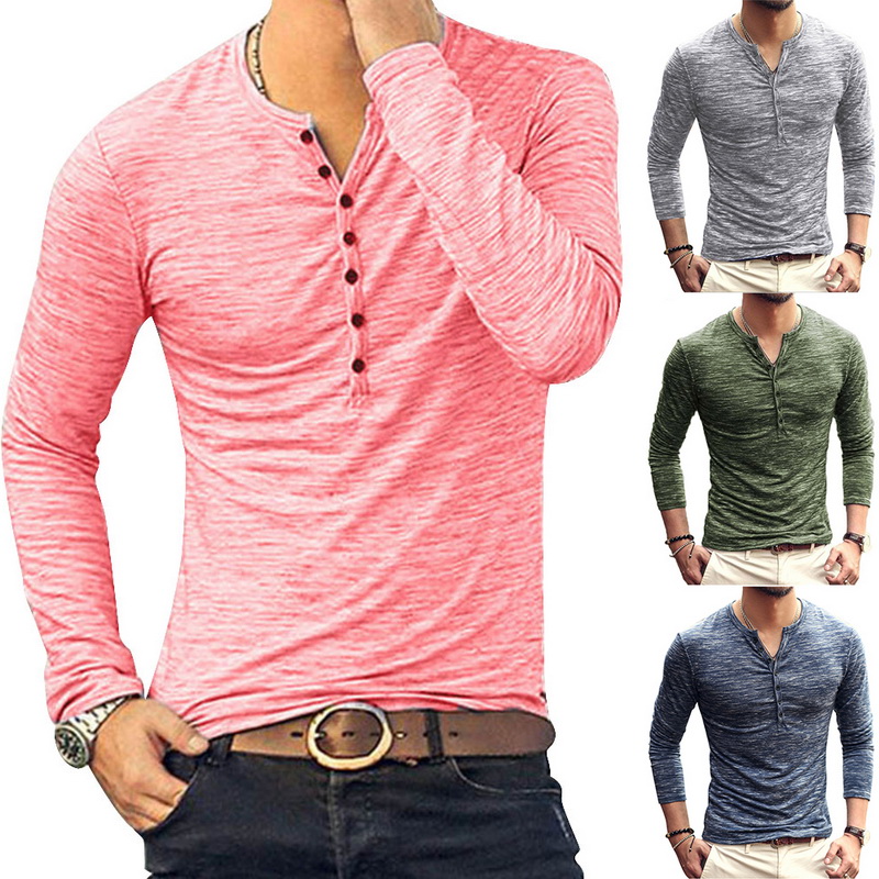 Mens Henley Long Sleeve Shirts Casual Fashion Tops Solid Color Button T-Shirt