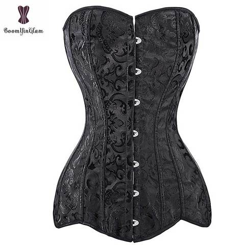 Long Black Corset Plus Size Steel Boned Korset Gothic Women Overbust Korsett  Hip Cover Floral Sexy Corselet Steampunk Body Korse - Price history &  Review