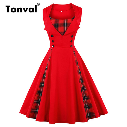 Tonval Plaid Dress Buttons Pin Up Girls Tunic Gingham Dress Women 2022 Summer Black Vintage Plus Size Dresses ► Photo 1/1