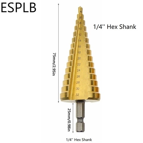 ESPLB 1pc 4-32mm Hexagon/Triangle Shank Drill Bit HSS Straight Flute Pagoda Titanium Coated Step Drill Bit Tools Center Drill ► Photo 1/6