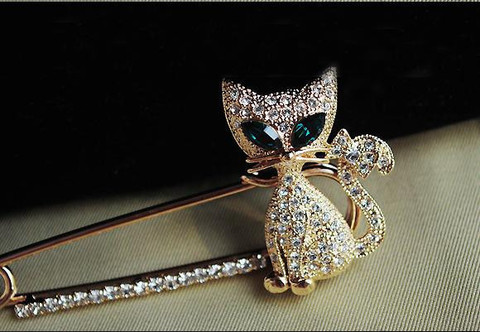Fashion Jewelry Gold Color Animal Brooches Cute Green Eye Crystal Cat Brooches Pins For woman wholesale ► Photo 1/2