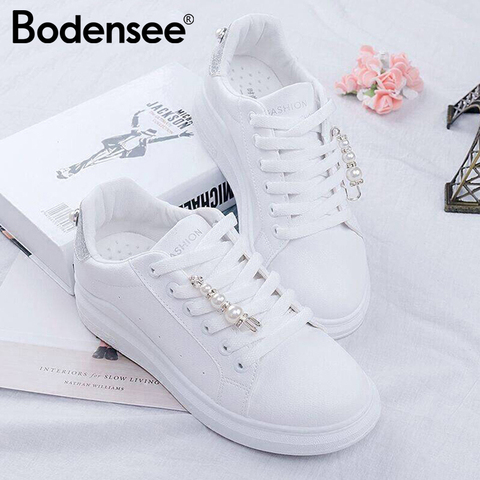 BODENSEE Women Shoes PU leather Women's Vulcanize Shoes Sneakers Candy Color Women Rubber Sole Ladies Shoe With Pearl ► Photo 1/6