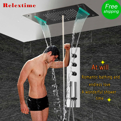 Thermostatic Shower Panel Stainless Steel LED Rain Waterfall Big Shower Head Ceiling Bathroom Faucet Set Wall Mounted Rainfall ► Photo 1/6