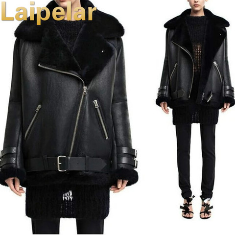 Lapel faux fur leather jacket coat Winter Motorcycle faux leather jacket Laipelar Winter Fashion outwear short jacket overcoat ► Photo 1/5