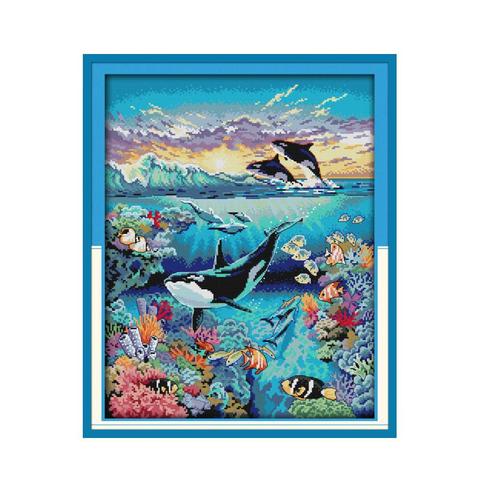 Blue Ocean Sea World Animal Whale, Handmade Sewing Kit Cross Stitch Embroidery Sewing Decoration Hanging Picture ► Photo 1/5