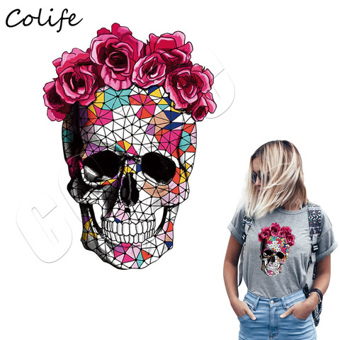 Skull Flower Iron On Patches For Clothing Summer Fabric Badge Stickers Clothes Jeans Washable Decoration  Heat Transfer Parches ► Photo 1/6