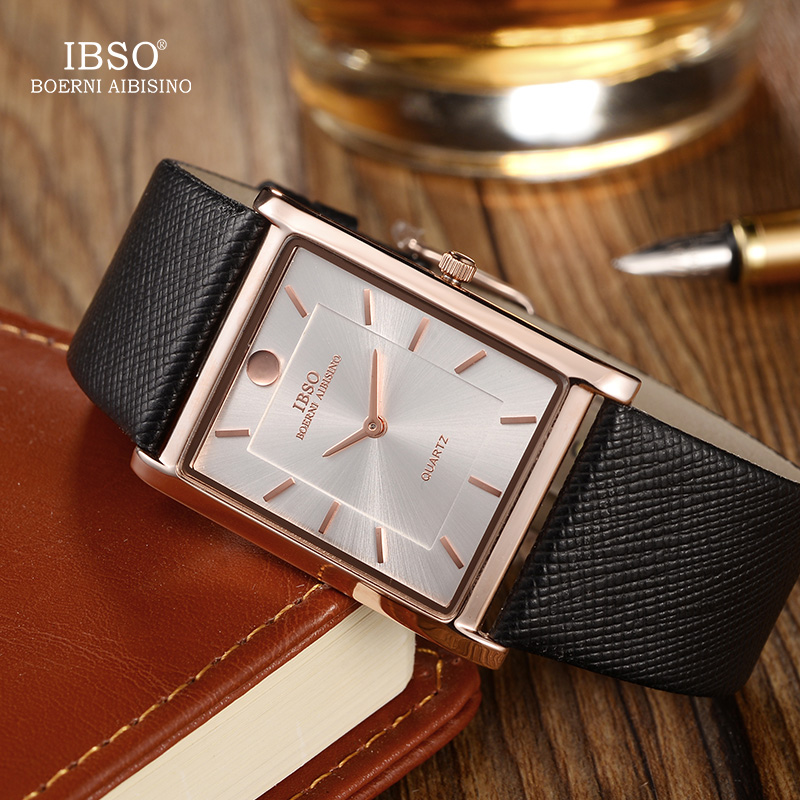 IBSO Ultra-thin Rectangle Dial Men Watches 2022 Leather Strap