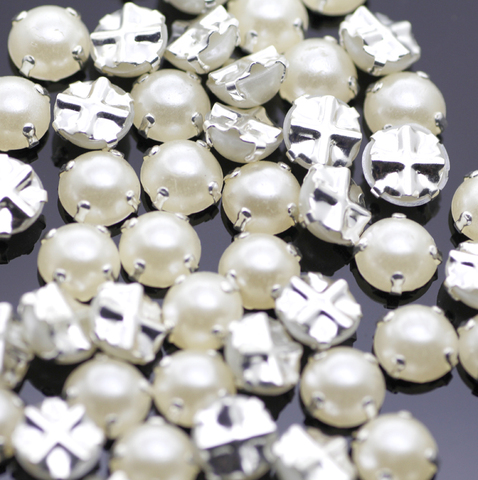 7mm 100pcs/lot Silver Plating pearl Color Rhinestone Beads, Sew On Rhinestones for Garment Jewelry Sew on Pearls With 4 Holes ► Photo 1/5