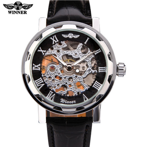 New Winner Hot mechanical Brand men hand wind Skeleton watches male Dress fashion clock style black gold blue color leather band ► Photo 1/1