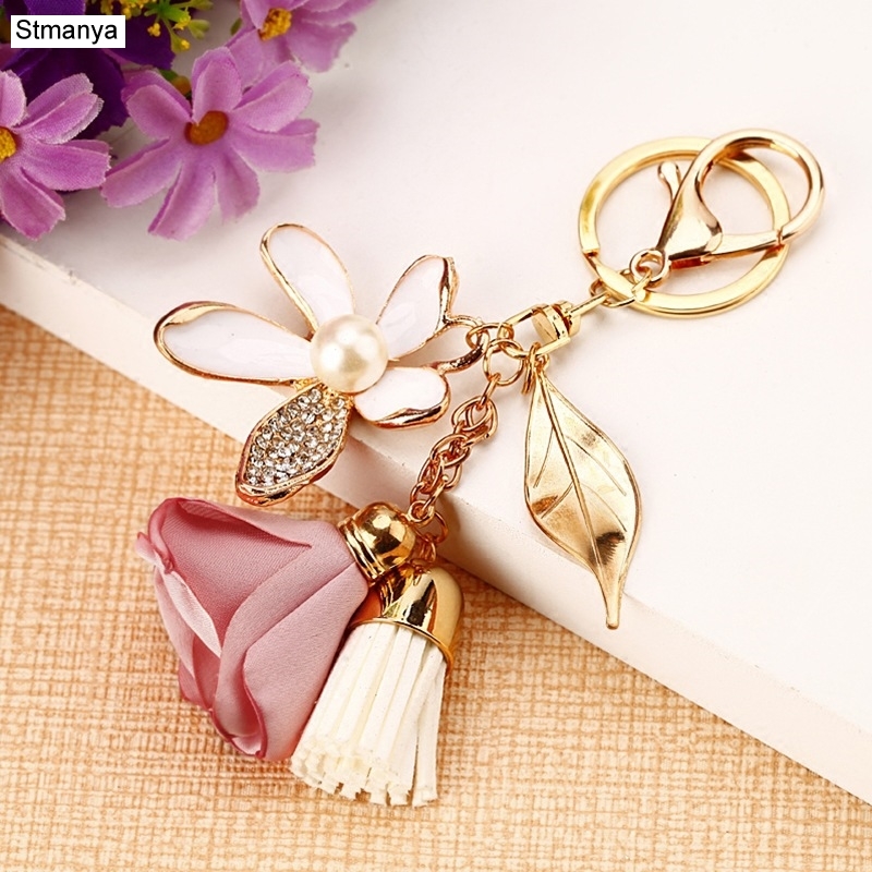 Cloth flower key Ring Chiffon tassel car key chains Lady couple