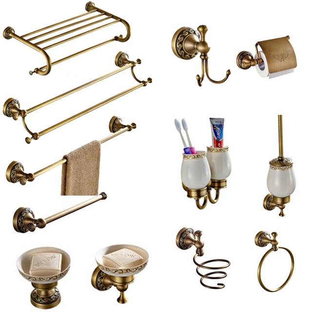 Antique Brass Carved Bathroom Accessories Bath Hardware Sets Towel Rack Bar 