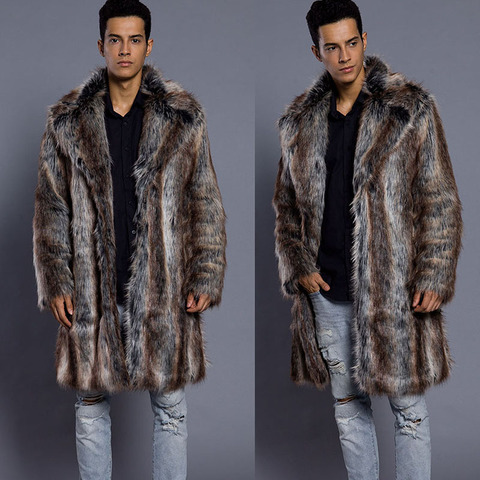 2022 New Winter Men's Turn-down Collar Faux Mink Fur Coat Printed Striped Long Windbreaker Loose Casual Male Fox Leather Jacket ► Photo 1/6