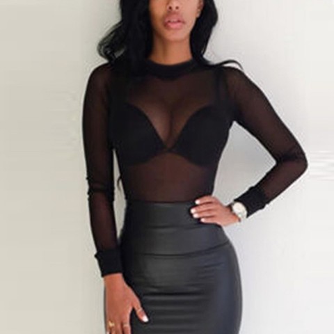 Womens Long Sleeve Mesh Top Sexy See Through Sheer Blouse Black Mesh Shirts  Clubwear