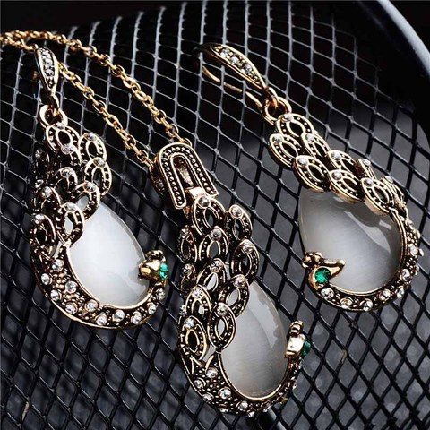 SHUANGR Pendientes Austrian Crystal Circle Peacock Jewelry Sets Peacocks Necklace Drop Earrings Set For Women Gift joyeria ► Photo 1/6