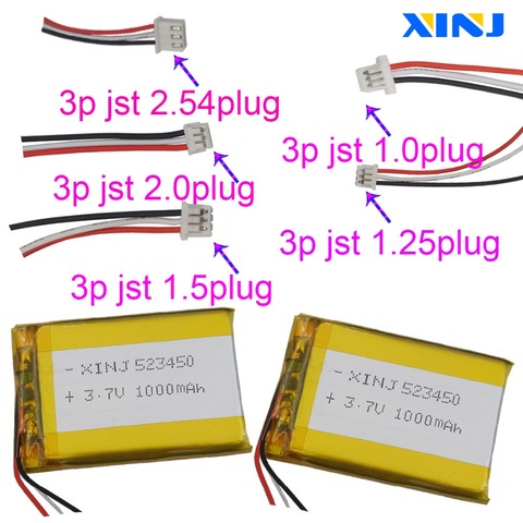 XINJ 3.7V 1000 mAh player Lithium Polymer Battery 523450 3pin 1.0/1.25/1.5/2.0/2.54mm plug For GPS PDA Camera bluetooth earphone ► Photo 1/4